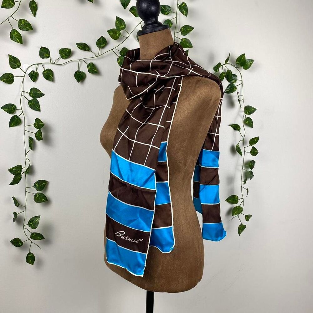 Burmel vintage silk scarf old money color blocking Japanese brown and blue city